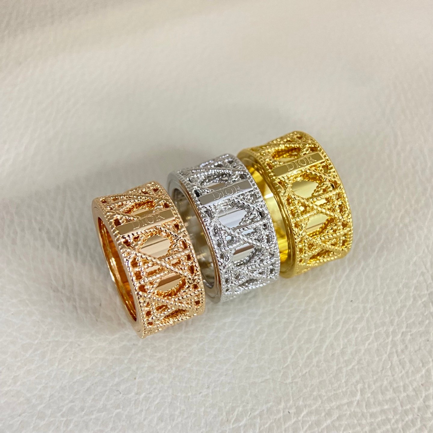 خاتم DIOR فاخر شبكي بتصميم كلاسيكي مرصع (ثلاثة ألوان)